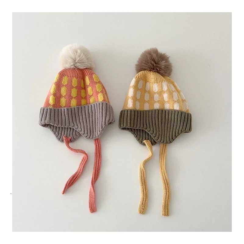 Korean Style Kids Knitted Hat with Straps Large Pom Colorful Checkered Earflap Beanie Boys Girls Autumn Winter Warm HatL251024