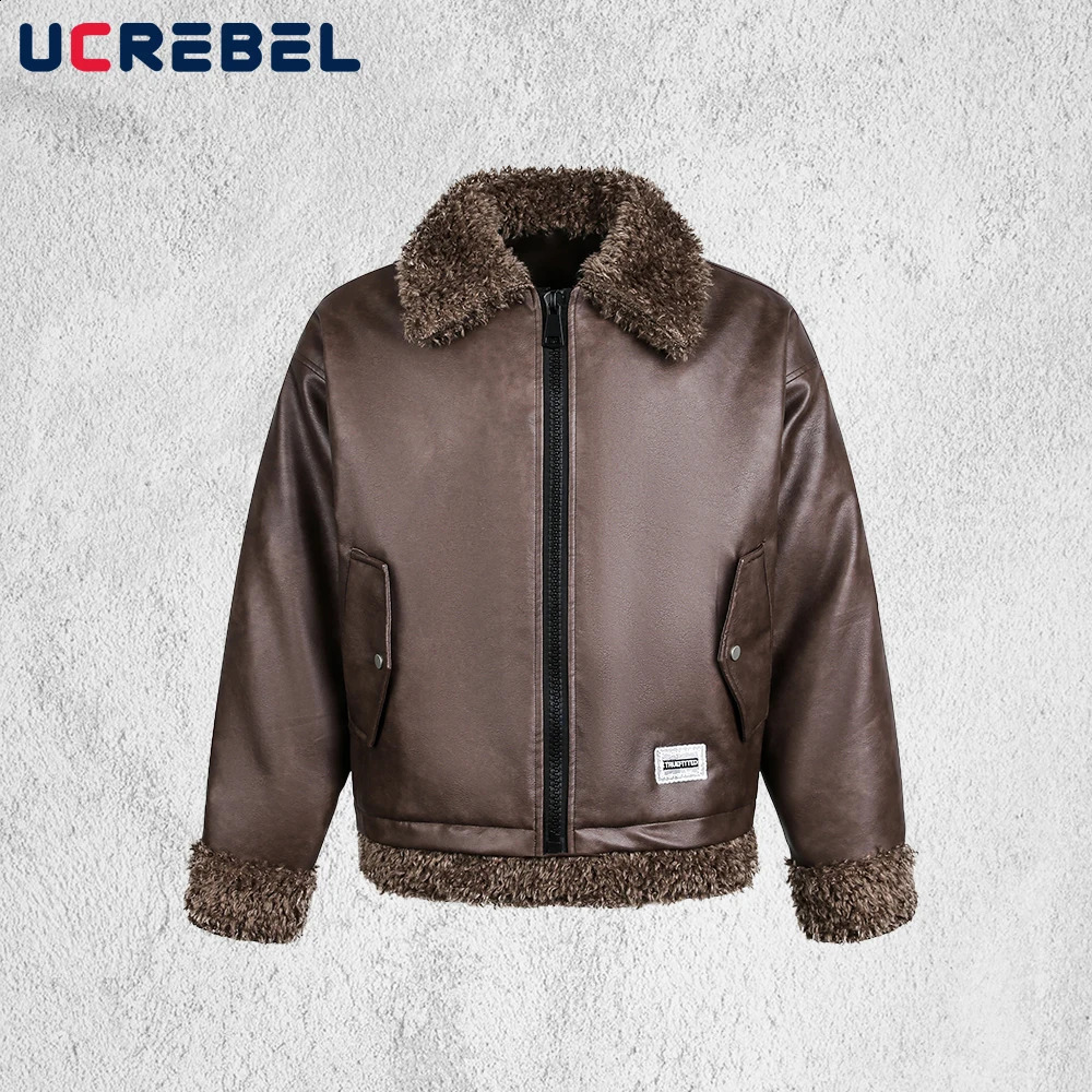 Sherpa Spliced PU Leather Quilted Jacket Mens Retro High Street Winter Thick Lapel Long Sleeve Motorcycle Jacket Man 251023