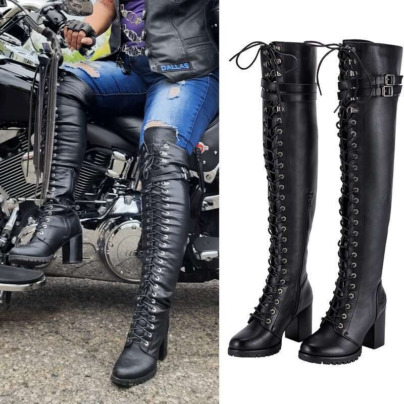 Women's Faux Leather Over The Thigh Boots, Black Lace Up Knee High Chunky Heel, Sexy Biker Boots With Buckle