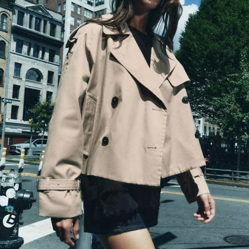 European and American style autumn fashionable versatile doublebreasted short windbreaker jacket with lapel 251018