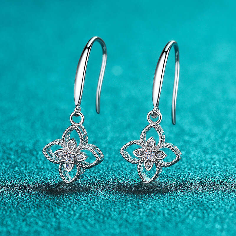 DHCollections-- Straight Sier Plated PT950 Gold Ear Hook Simple for Women 10 Points Moissanite Four-Leaf Clover Earrings