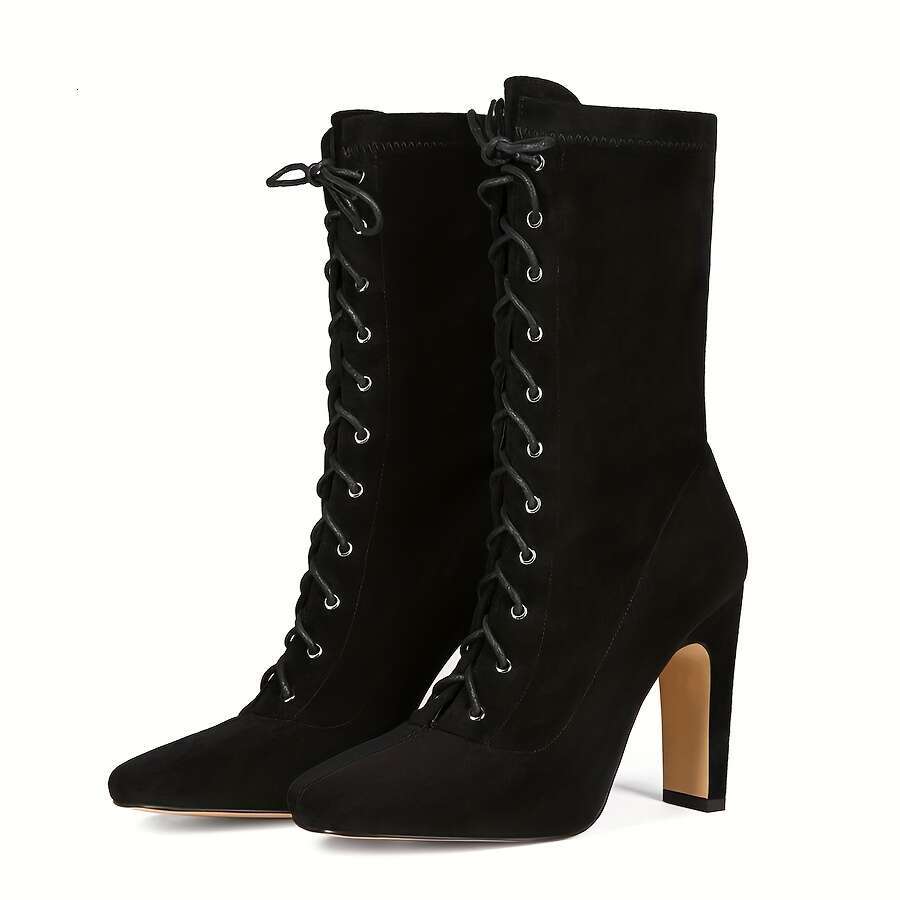 Women's Black Square Toe Platform Pumps - Adjustable Lace-Up Ankle Strap, French Block Heel, Fabric Upper Rubber Sole For All-Season Formal & Cas