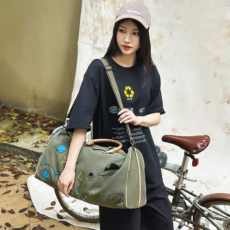 Korean Style Fashion Large Capacity Canvas Travel Bag Cartoon Graffiti Business Trip Short Distance Couple Shoulder Bag Gym Bag