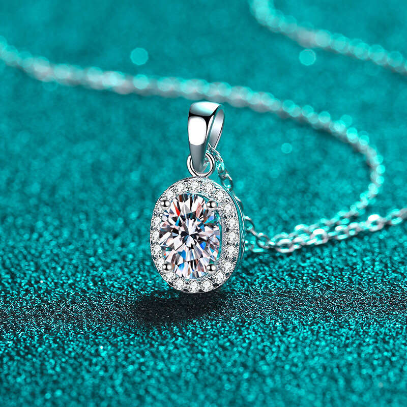 DHCollections-- Sterling Sier Oval Cluster Inlaid Necklace for Women with Moissanite, Petite Collarbone Chain, PT950 Gold Plated Jewelry