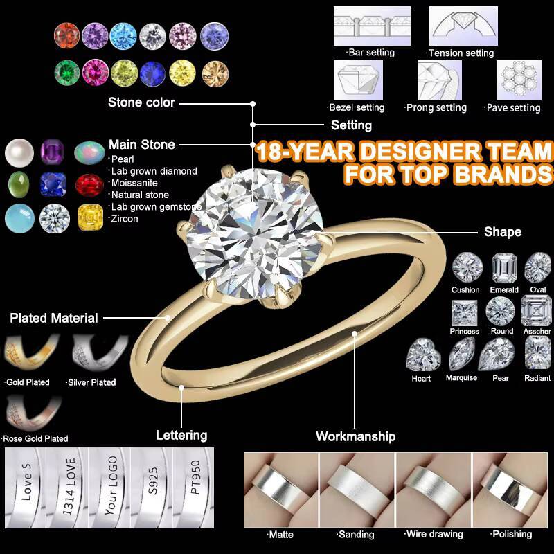 Factory Wholesale 18K 14K 10K Gold 925 Silver Round VVS Moissanite Diamond Solitaire Wedding Engagement Ring Fine Jewelry Women
