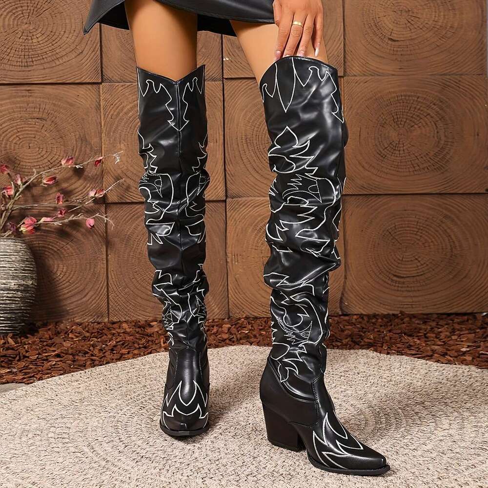 Women's Retro Embroidered Over-The-Knee Boots - Slip-On Chunky High Heel, Toe, Faux Cover With Fabric Lining Rubber Sole For Music Festivals & Bo