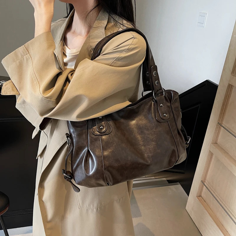 1 Piece Womens Pure Color Pu Retro Large Capacity Shoulder Tote Bag 251023ww
