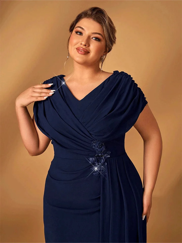 Plus Size Mom Evening Dress Wedding Reception Party Shiny Plus Size Chiffon Mother Navy Blue Evening Dress 251023