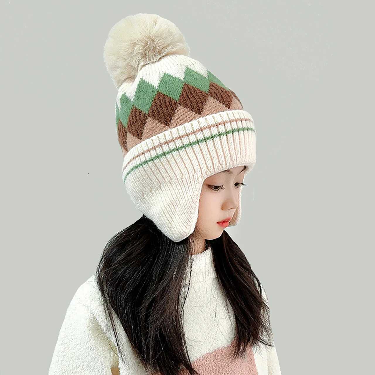Fluffy Plush Ball Children Knit Hat Winter Warm Kids Ear Protection Hats Velvet Lining Baby Earmuffs Cap Pompom Beanie 210YearL251024