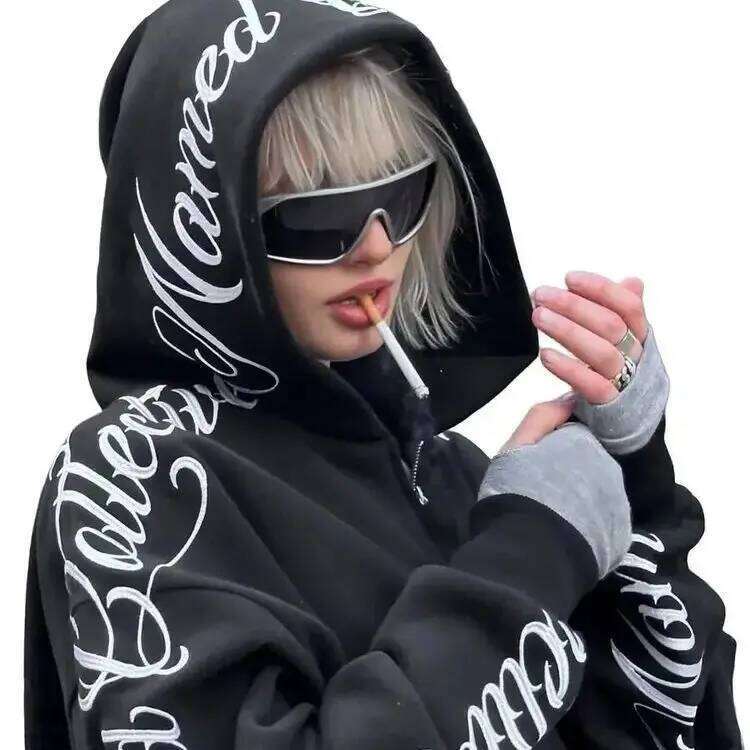 American Retro Floral Letter Print Hooded New Autumn And Winter Heavy Sweatshirt For Women Casual Versatile Plush Hoodie Trendy