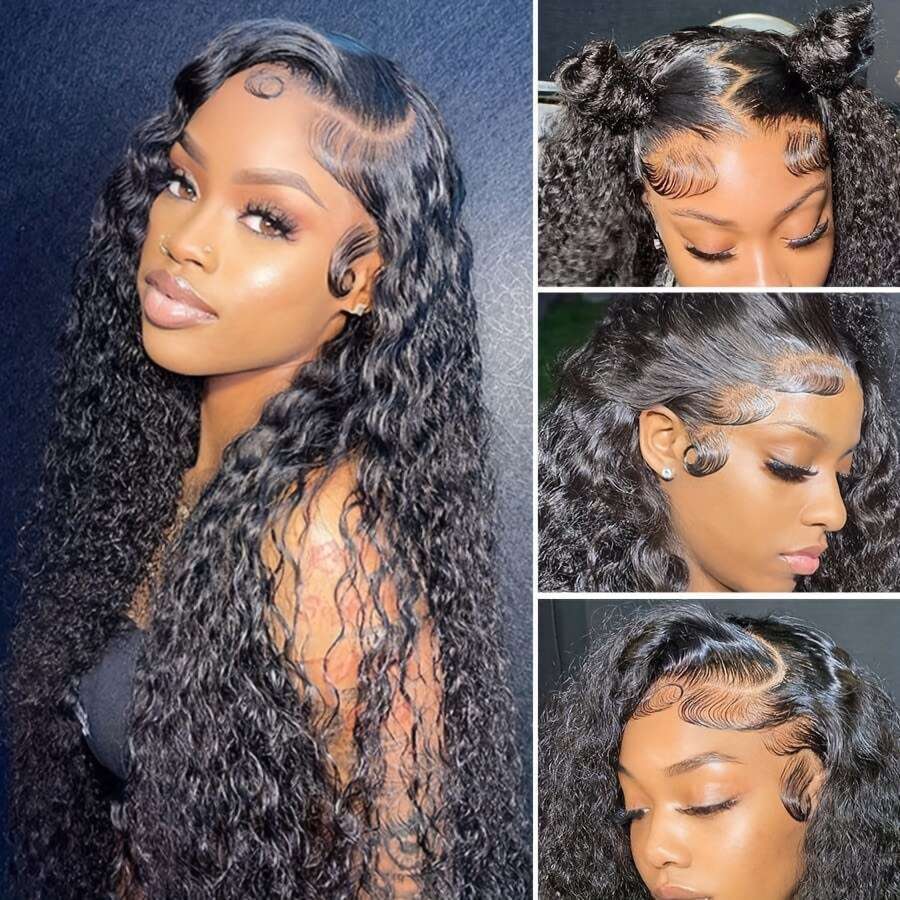 Brazilian Virgin Human Lace Front 13x4 Water Wave 150% Density Wigs with Baby Hair - Pre-Plucked Frontal Wig for Dark Beige, Curly Hairline No Glue/Ad