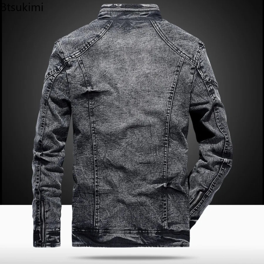 Vintage Mens Denim Jackets Fashion Stand Collar Zip Casual Jean Coats Fleece Lining Thicked Warm Autumn Winter Men Clothing 251017