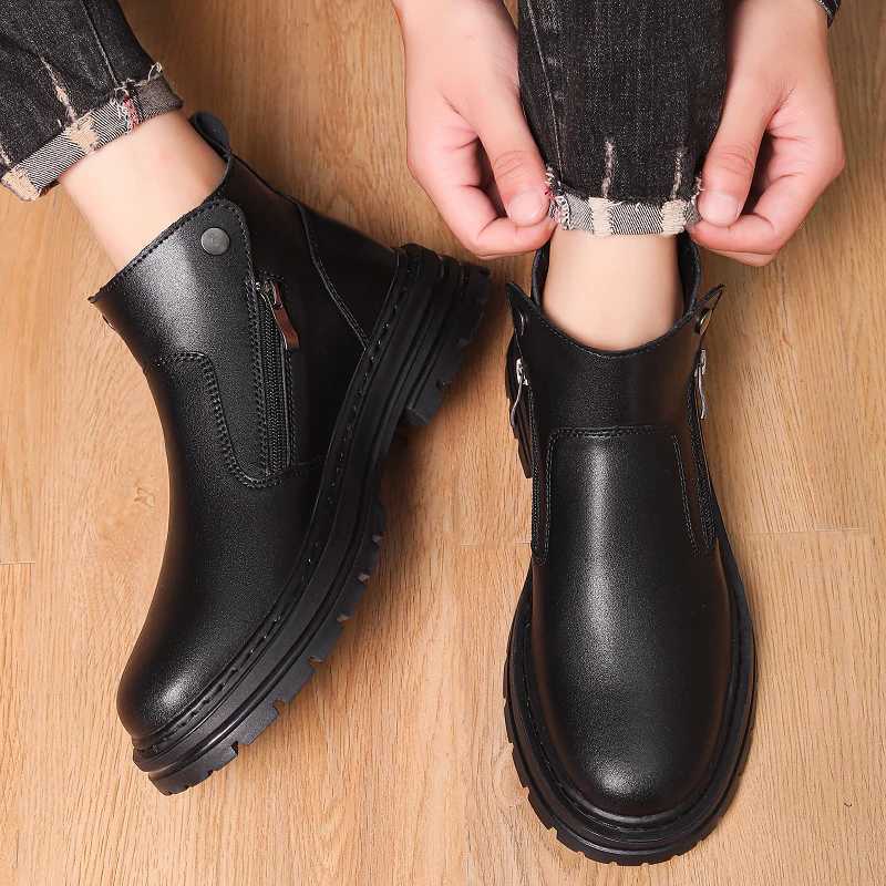 Genuine Leather Mens Chelsea Boots Side Zipper Man Business Shoes Fashion Men Ankle Boots Winter Plush Snow Botas High Top Shoes W251024