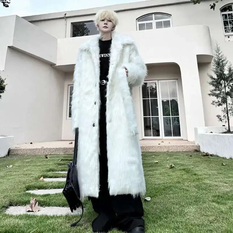 PNW Belt Single Breasted Thickened Winter Long Faux Fur Coat For Men Black White Fashion n Loose Cottonpadded 9C8121 251016