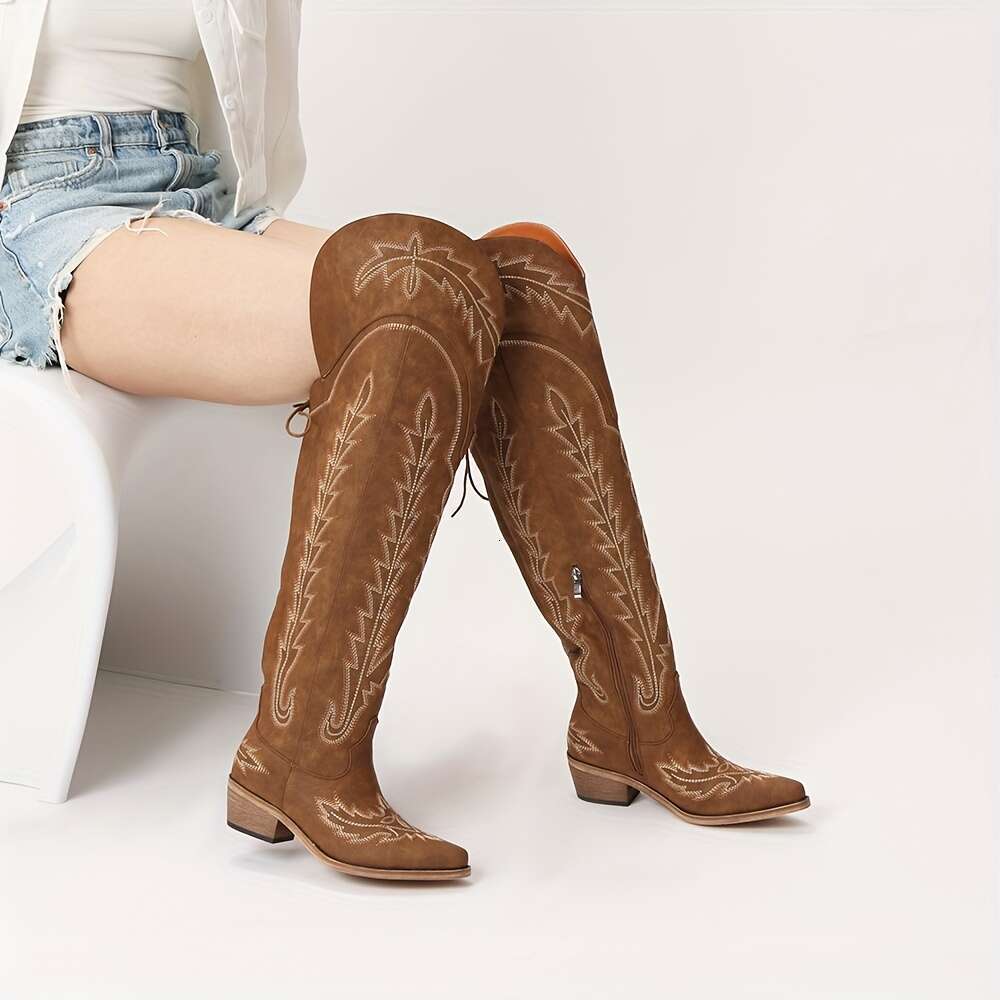 Women's Western Cowgirl Thigh-High Cowboy - Embroidered Chunky Heel With Back Lace-Up, Side Zipper & Studded Detailing, Pointed Toe Faux Cover Bo