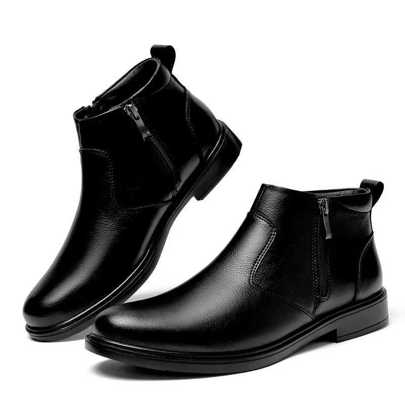 Fashion Brogue Chelsea Men Boots Classical Style Leather Ankle Boots Genuine Leather Mens Winter Plush Snow Botas Walking Shoes W251024