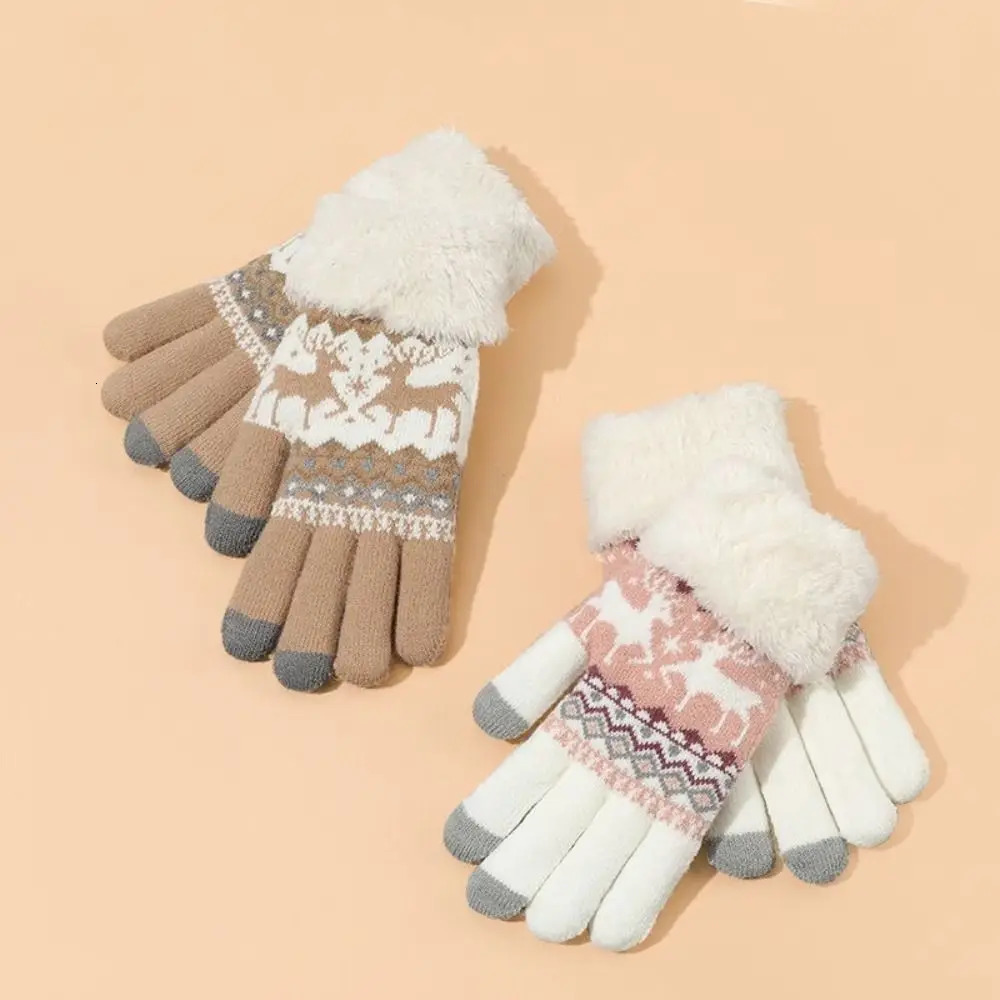 Simple Deer Christmas Knitted Gloves Wool Plush Full Finger Gloves Windproof Keep Warm Winter Mitten 251021