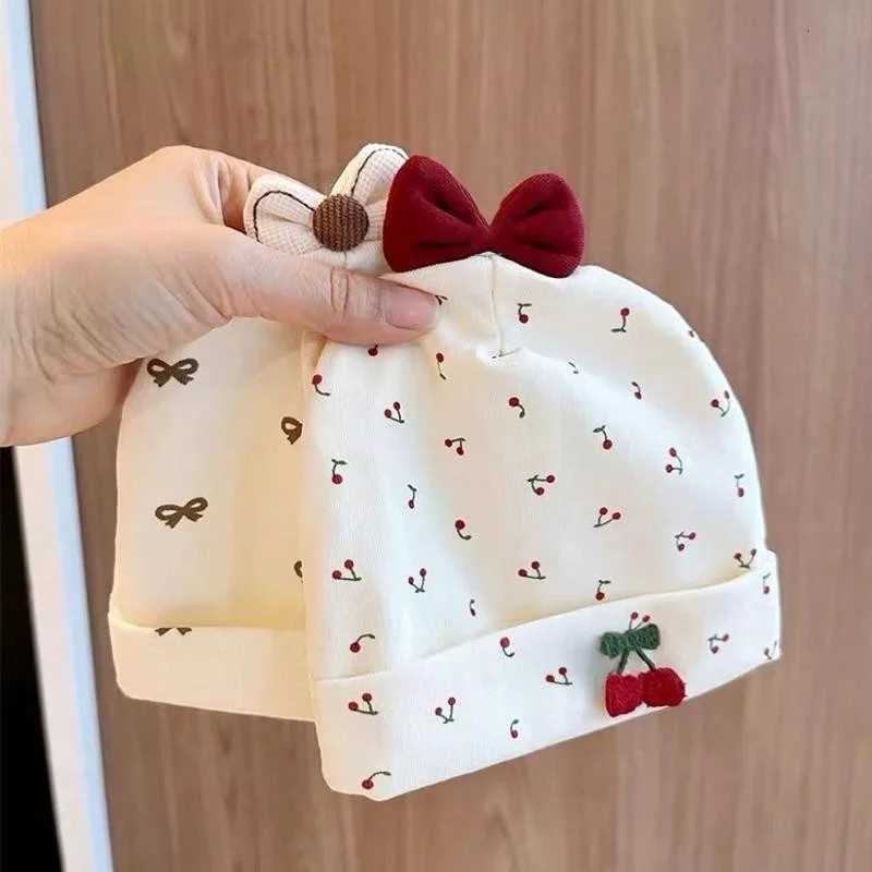 Red Bow Baby Fetal Hat Cherry Print Newborn Beanie Soft Cotton Kids Pullover Cap 06Month Girls Spring Autumn Elastic BonnetL251024