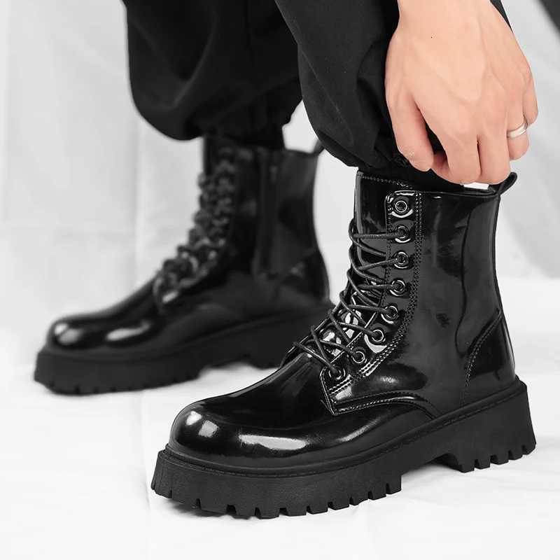 Men Shoes Couple Leather Boots Men Women Unisex Outdoor Casual Shoes Leather Motorcycle Boots High Top Glossy Mens Ankle Boots W251024