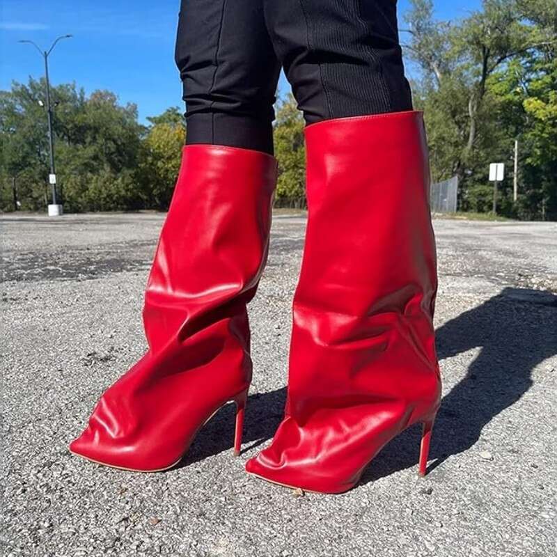 Fold Over For Women Shark Pointed Toe Stiletto Heel Knee High Slouchy Boots
