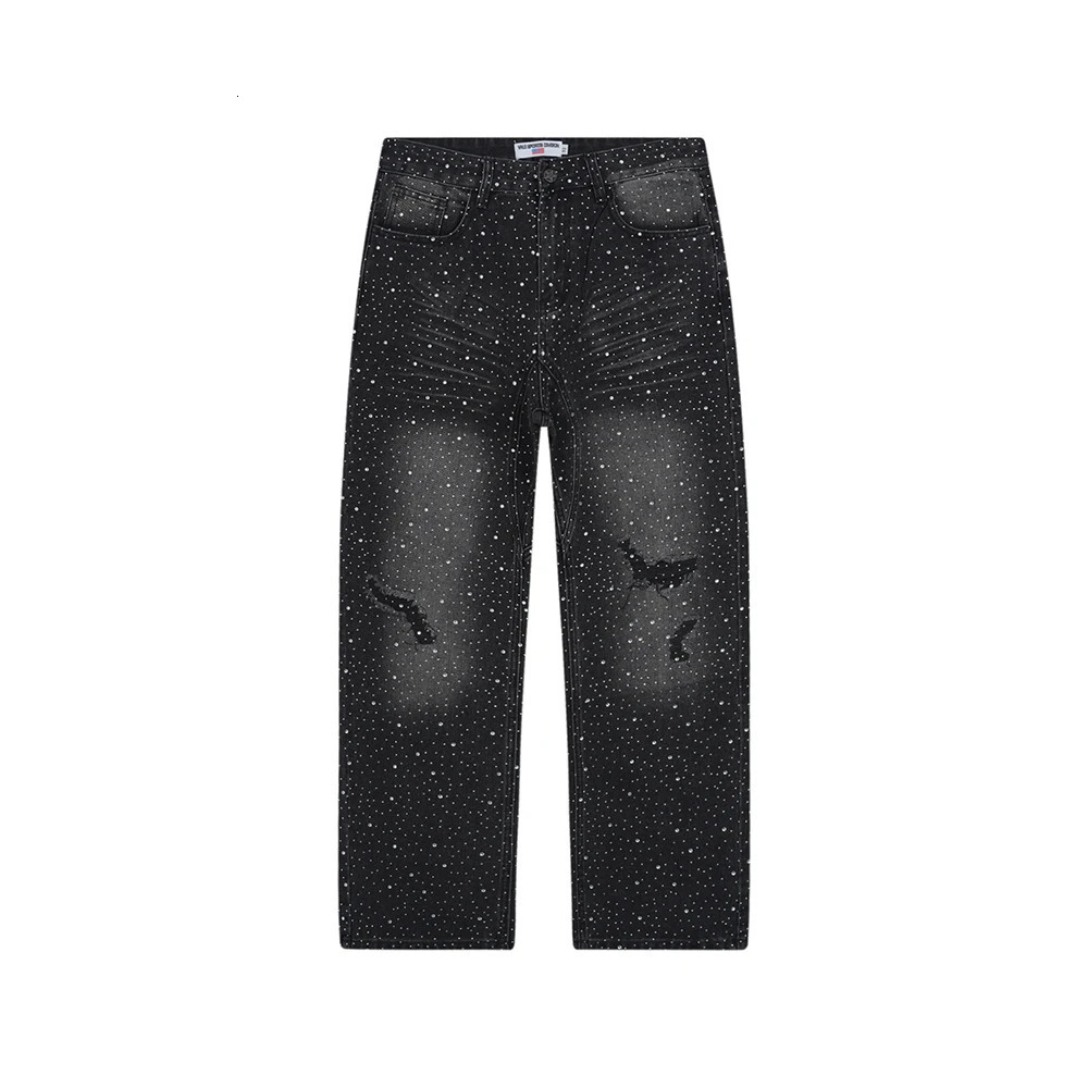 Vintage Shinning Rhinestone Washed Hole Distressed Baggy Jeans Pants for Men Straight Casual Loose Ripped Denim Trousers 251021