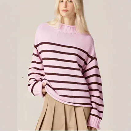 2025 Autumn Winter Women Striped Warm Knitted Pullover Elegant O-neck Long Sleeve Loose Pink Sweater