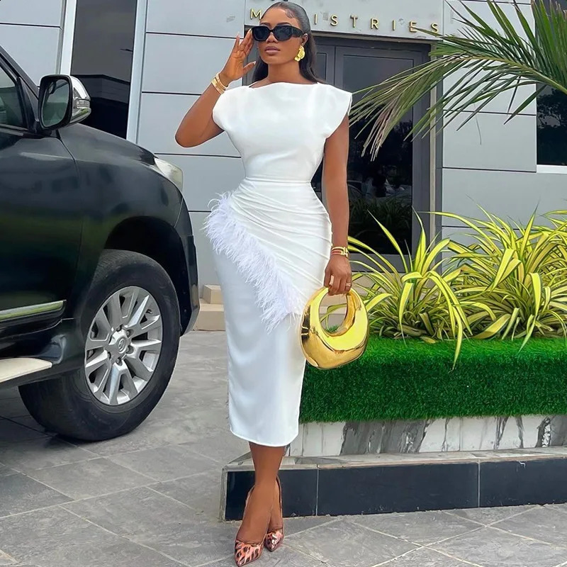 Women Dresses O Neck Pullover Solid Sexy Wrap Buttocks Vestidos Ankle Length Office Lady Dress Slim Fit Sheath Feathers 251020