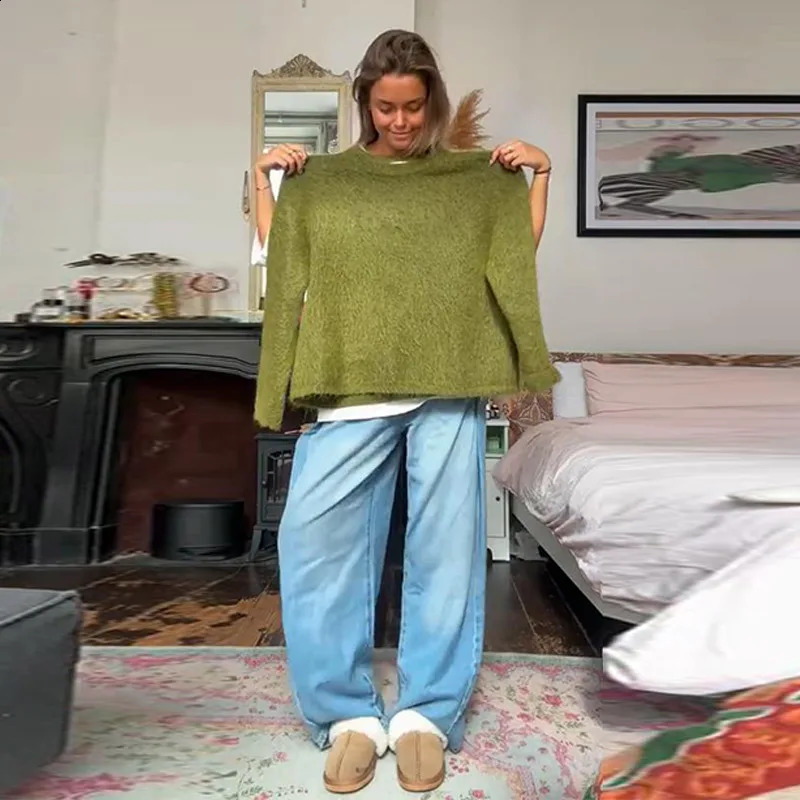 Casual Green Loose Sweaters Women Fashion Full Sleeve Knitted Oneck Soft Pullover Sweater Female Autumn Lady Outwears 251023