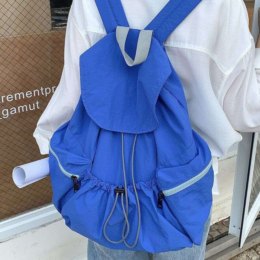 New Pleated Drawstring Nylon Women, Niche Trendy Large Capacity Flip Cover Student Backpack For Girls B5