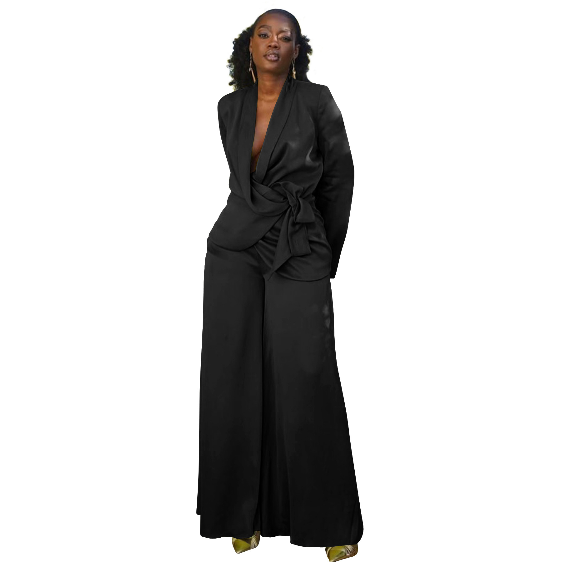 Designer's new European and American women's clothing autumn and winter solid color suit tie top cardigan wool sweater wide leg pants set