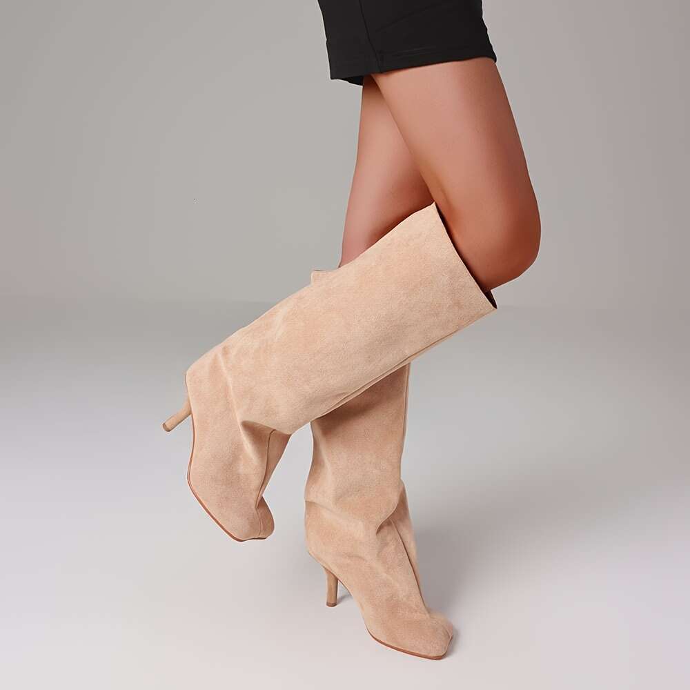 Knee High Women Square Toe Stiletto Heel Tall Wide Calf Long Heeled Slouchy Boots Winter Warm Walking Office Shoes