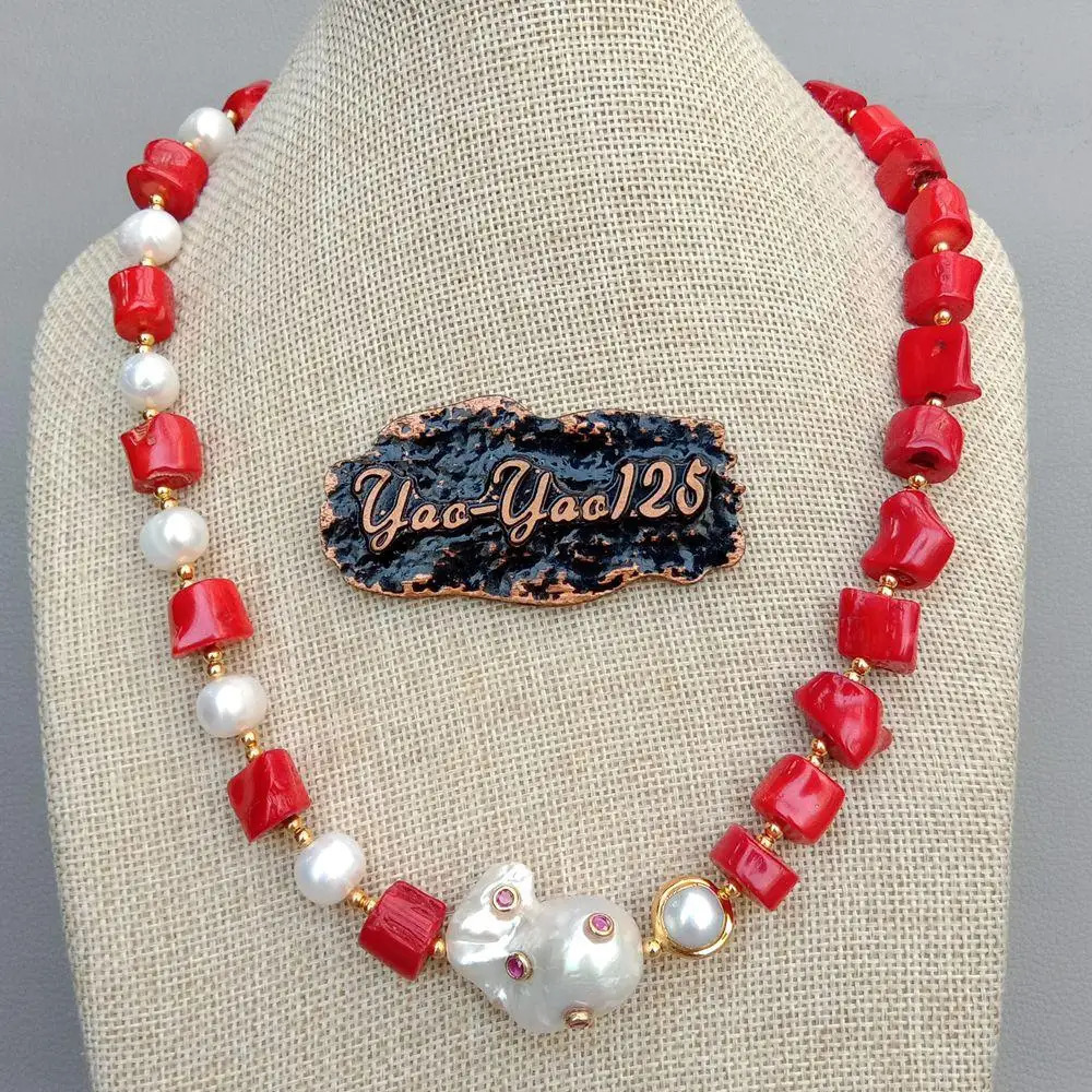 Red Coral White Pearl Necklace White Keshi Pearl Cz pave Pendant 21 251016