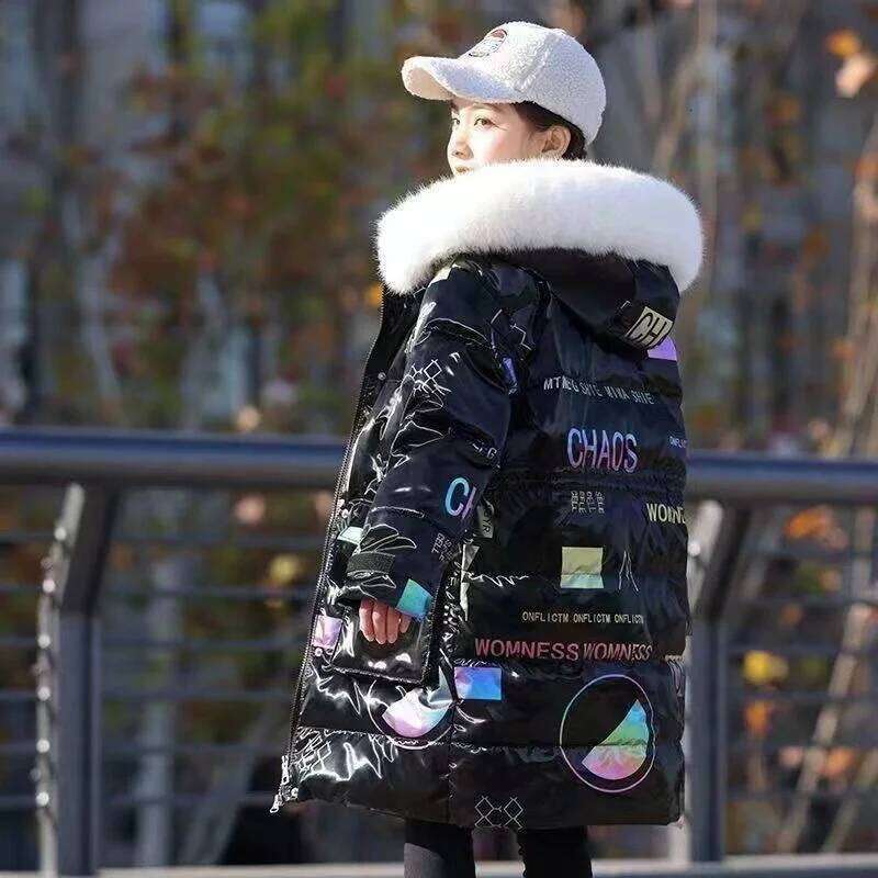 Girls Thickened Coat Winter Warm Long-Length Jackets Children's Plush-Collared Hooded Outerwear New Kids Wash-Free Cotton Clothe