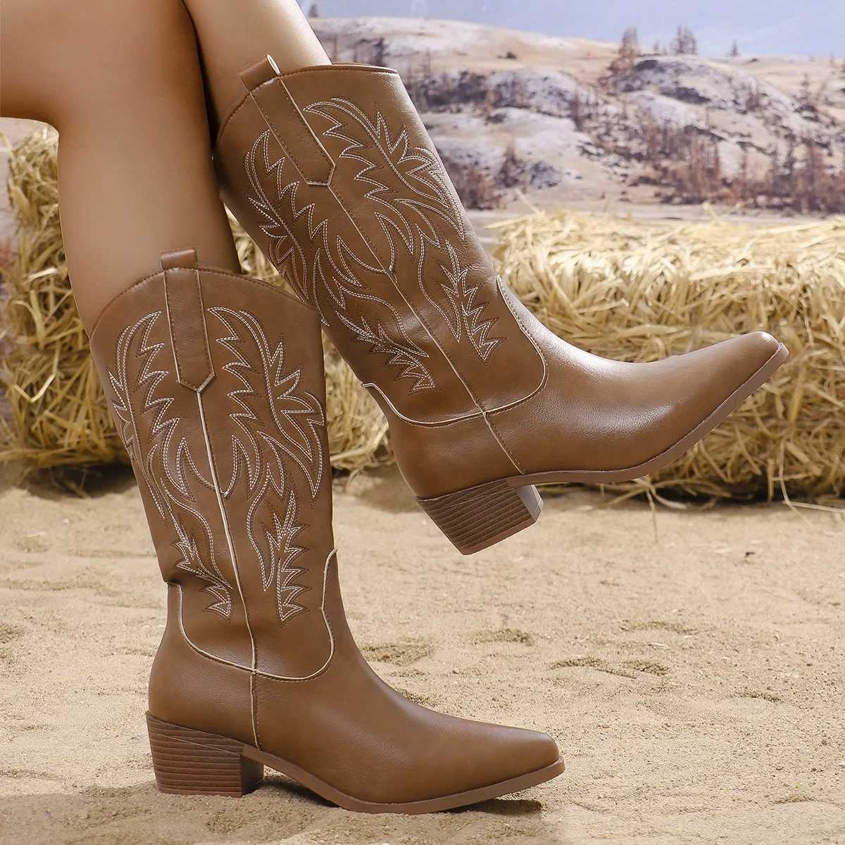 Womens Western Cowboy Knight Boots Large Size Long Tube Pointed Toe Square Heel Retro Style Winter Rubber Sole Shoes W251024