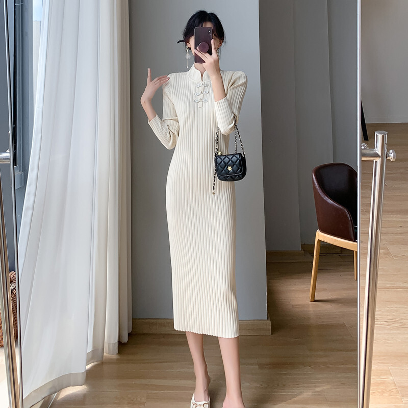 Autumn and Winter New Women's Designer Knitted Sweater Dress Medium Retro Cheongsam Style Button Closed Slimming Dress