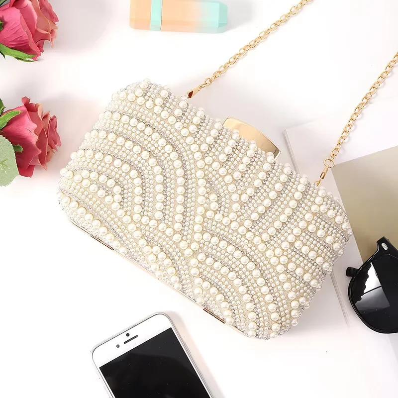 Ladies Pearl Elegant Evening Bag Fashionable Stylish Beading Wedding Dinner Party Banquet Dress Clutch Bag with Long Chain 251023