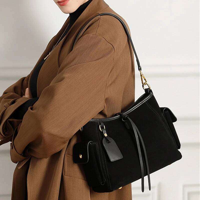 Burminsa Suede Cowhide Genuine Leather Underarm Shoulder Bags For Women 2025 Designer Bucket Crossbody Ladies Handbags