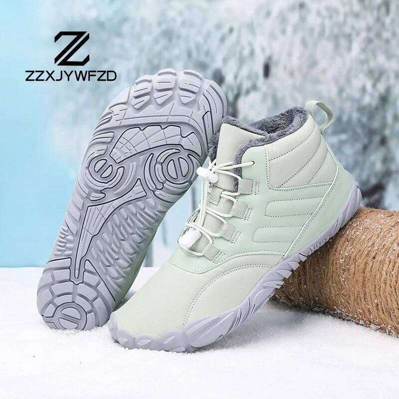 Men Winter Plush Waterproof Snow Cotton Boots Barefoot Women Warm Fur Anti Slip Big Size Trekking Hiking Shoes