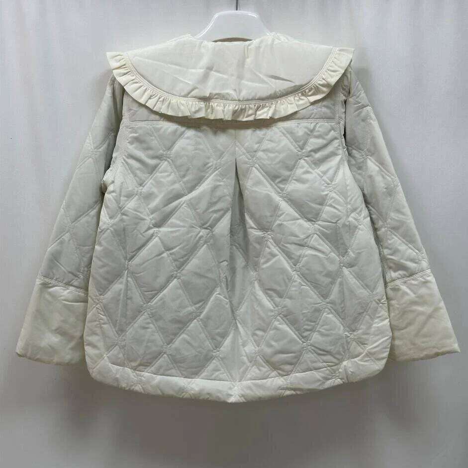 Clearance Price Women New Olive Color Detachable Ruffled Quilted Lapel Jacket Thin Cotton Coat