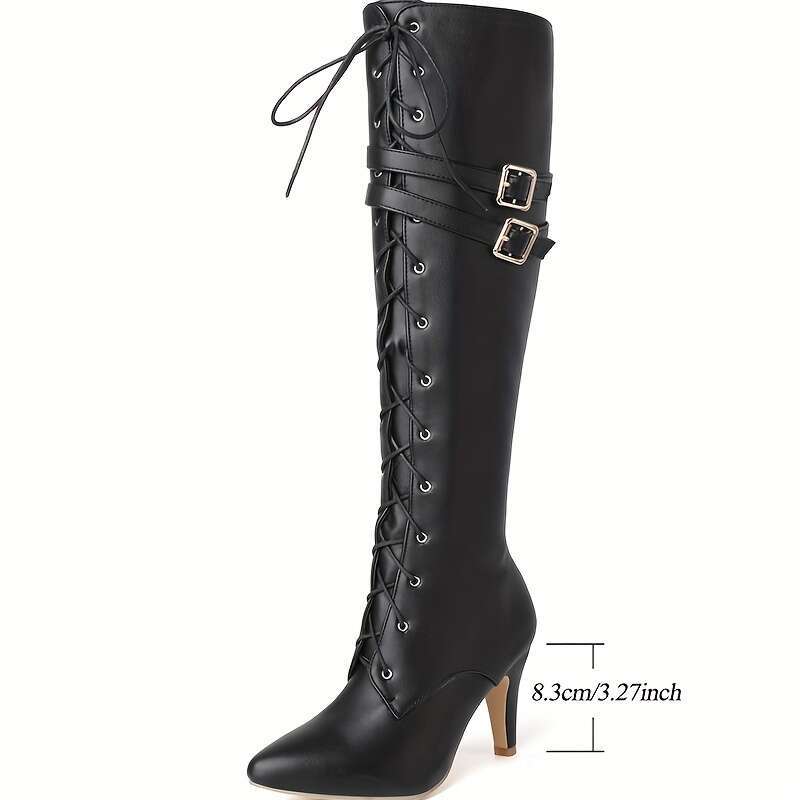 1Pr Women's Knee-High Boots Solid Color, Pointed Toe, Flare Heel, Zipper Closure, Man-Made Upper, Fabric Inner & Insole, Rubber Sole - Fashion Hi
