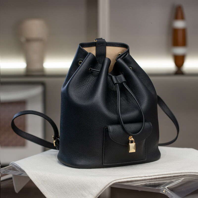 New Genuine Leather Women S Elegant Commuting Versatile Casual Cowhide Drawstring Backpack Simple Lock Buckle Small Bag High Quality
