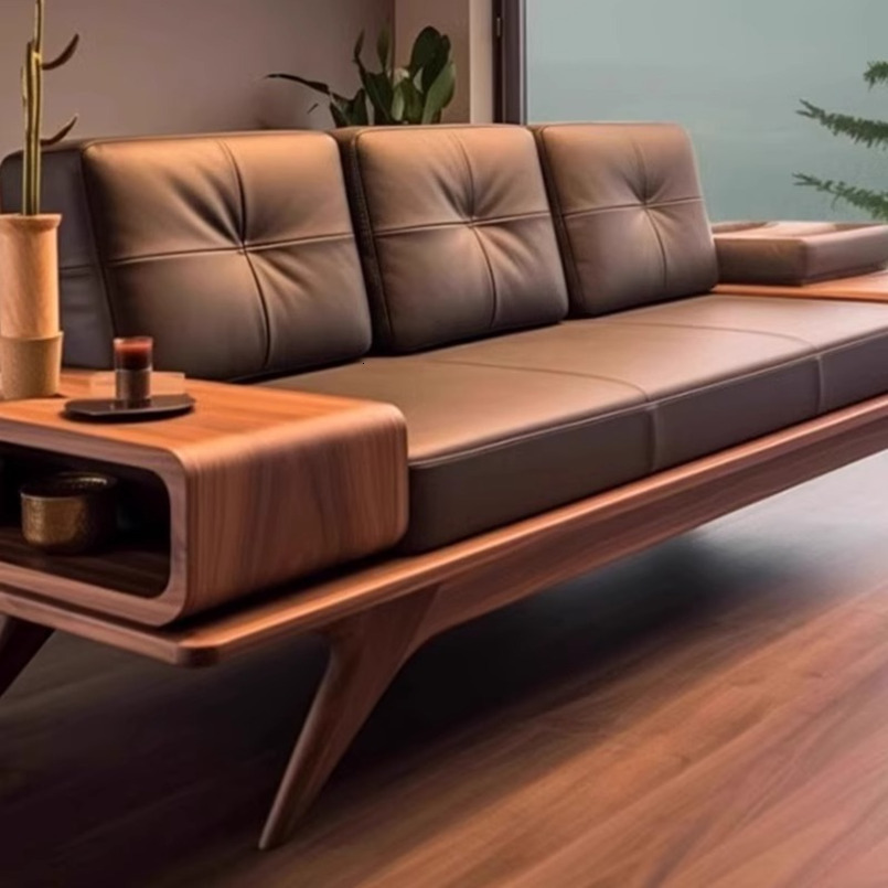 New Chinese Style Black Walnut Living Room High-End Solid Wood Genuine Leather Three-Seater Small Apartment Straight Row Sofa