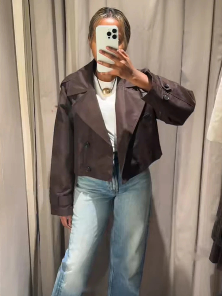 Brown Double Breasted Short Trench Coats Women Casual Lapel Long Sleeve Pocket Cropped Jackets Lady Commute Office Street Wear 251021