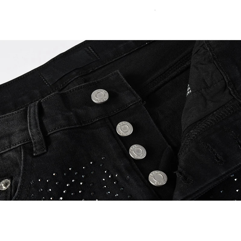 Black Mens American High Street Distressed Rhinestones Patterns Skinny Ripped Button Fly Jeans Pants 251021