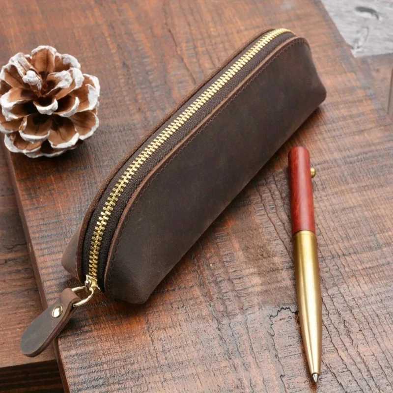 Handmade Genuine Leather Pencil Bag Retro Simple Stationery Holder Pen Case Storage Bag Zipper Pencil Pouch Glasses Case Z251023