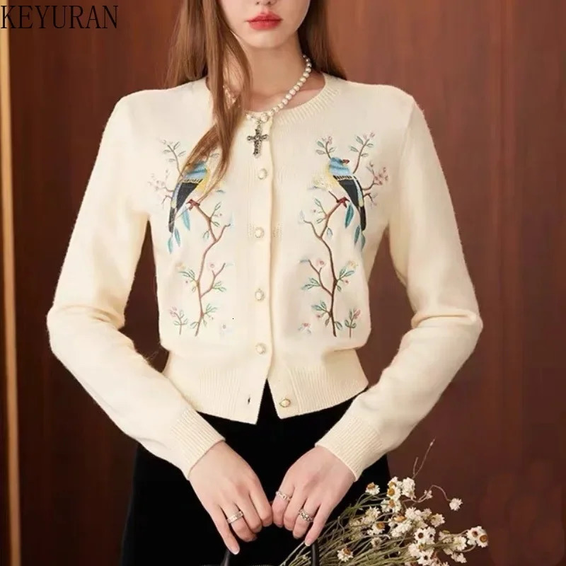 Spring Autumn Flower Bird Embroidery Knitted Cardigan Women Vintage ONeck Long Sleeve Sweater Mujer Knitwear Tops Jumper 251021