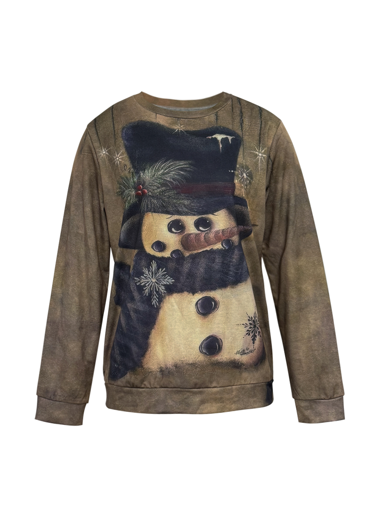 Vintage Brown Christmas Snowman Printed Women's Long Sleeve Sweatshirt, Milk Silk Casual Office Top, S-XXL Deep Brown--CF42041