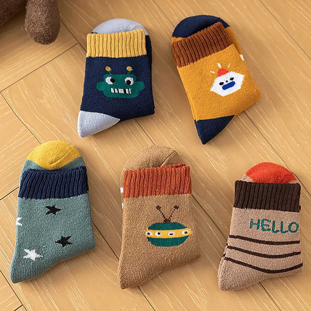 5PairsSet Cartoon Baby Boy Socks Winter Thick Warm Terry Sock Cute Striped Print Children Mid Tube Socks J251024