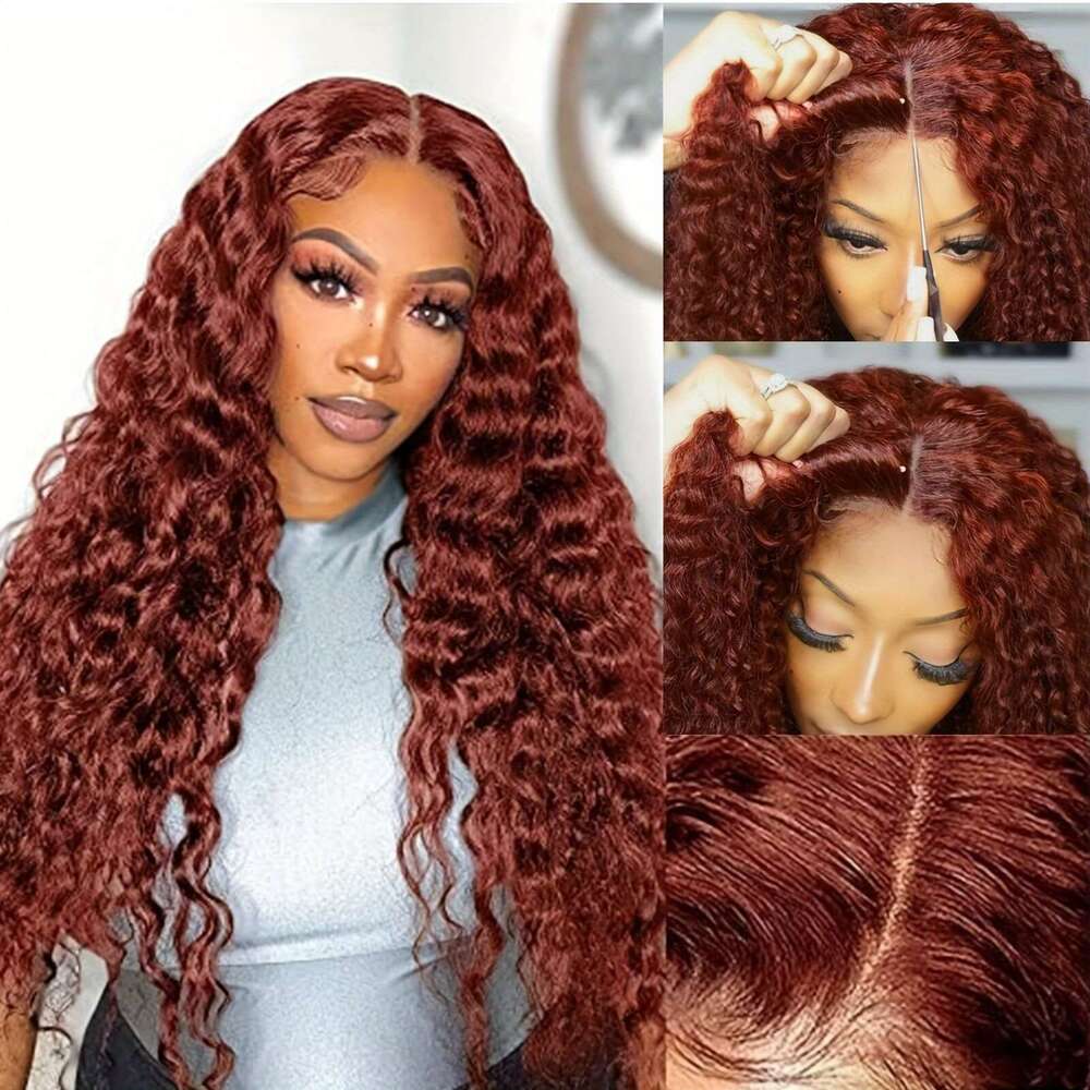 Women'S Brazilian Human Hair Glueless Wig HD Deep Wave 180% Density Red Natural Brown Base with Blonde Highlights, 5x5 Lace Front Closure, Comfor