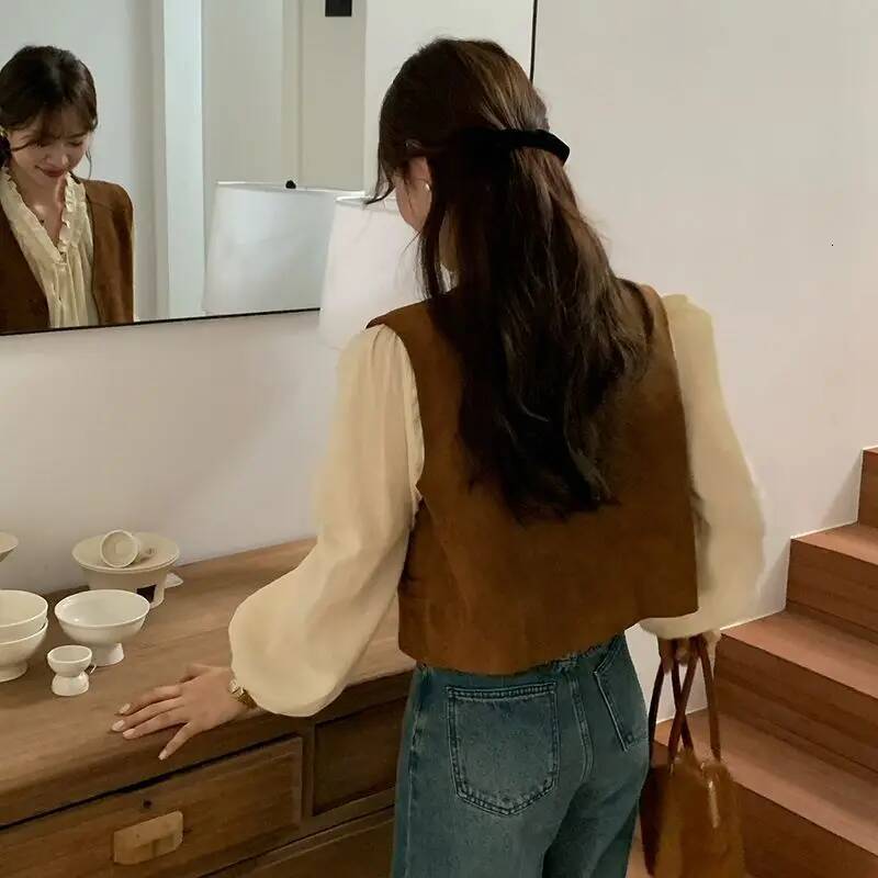 Retro Vests Women V-neck Single Breasted All-match Korean Style Spring Autumn Layering Outerwear Cozy Vintage Loose Comfortable dongdumaoyi